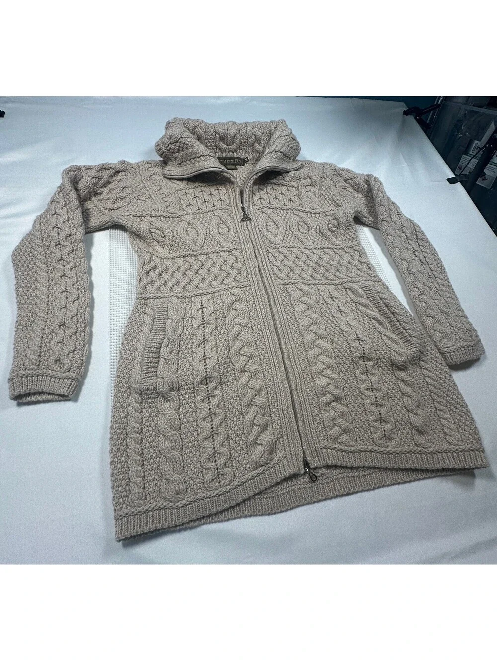 Inis Crafts Irish Merino Wool Cable Knit Dbl Collar FullZip Coat Med(215)